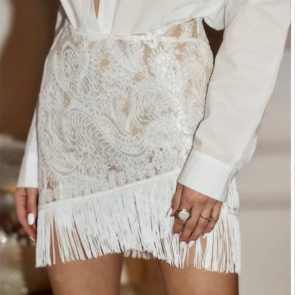 12th Tribe Gracelyn White Fringe Mini Skirt